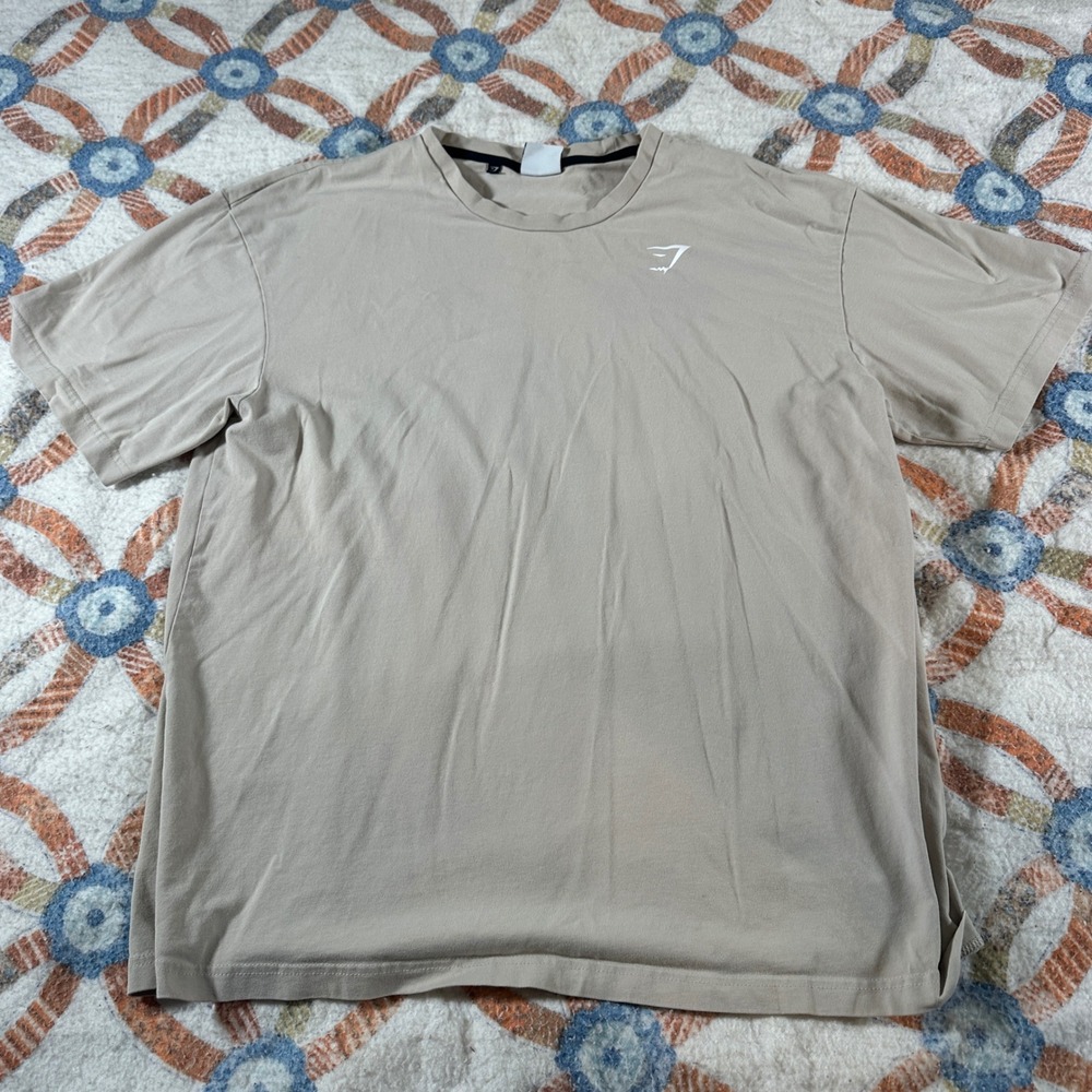 Gymshark Mens Large Tan Beige Short Sleeve Crew Neck Cotton Blend T-Shirt A1A3E